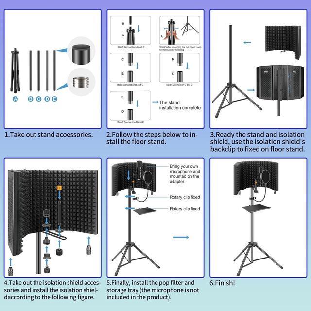 Alt view image 6 of 7 - Microphone Isolation Shield with Pop Filter & Tripod Stand, Foldable Mic Shield with Triple Sound Insulation, High Density Mic Sound Shield for Recording Studio, Podcasts, Singing, Broadcasting