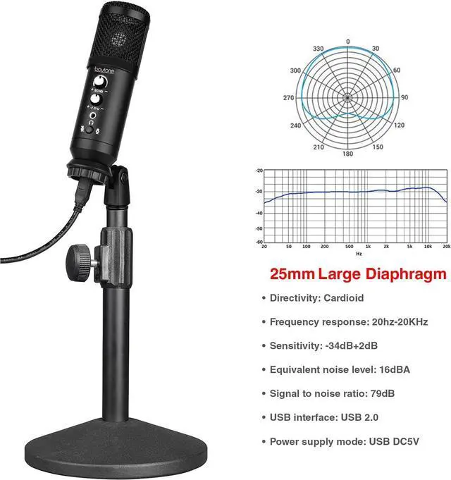 Alt view image 3 of 7 - BT-78SM, Professional Cardioid Studio Recording Mic 25mm Diaphragm USB Microphone Streaming Vocal Recording, Podcasting Condenser Microphone for PC and Mac, Quality Sound, Plug & Play