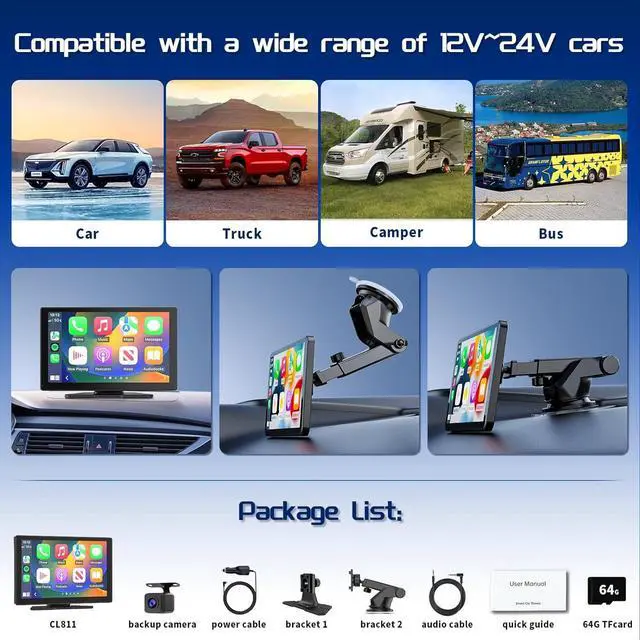 Alt view image 7 of 7 - CL811 Car Play Screen with 2K Dash Cam, 9" Wireless Carplay Android Auto Portable Car Stereo, GPS Navigation, Car Audio Receivers with 1080P Backup Camera, Bluetooth,Mirror Link, AUX/FM