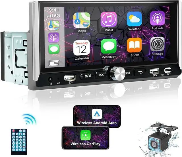 Main image of Wireless Single Din Car Stereo with  Carplay & Android Auto, 6.9 inch HD IPS Touchscreen Car Audio Receiver, Bluetooth 5.0, Mirror Link, Backup Camera, Mic, Type-C & USB Port, FM Radio