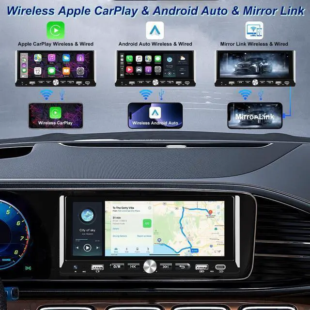 Alt view image 2 of 6 - Wireless Single Din Car Stereo with  Carplay & Android Auto, 6.9 inch HD IPS Touchscreen Car Audio Receiver, Bluetooth 5.0, Mirror Link, Backup Camera, Mic, Type-C & USB Port, FM Radio