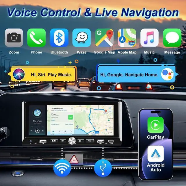 Alt view image 3 of 6 - Wireless Single Din Car Stereo with  Carplay & Android Auto, 6.9 inch HD IPS Touchscreen Car Audio Receiver, Bluetooth 5.0, Mirror Link, Backup Camera, Mic, Type-C & USB Port, FM Radio