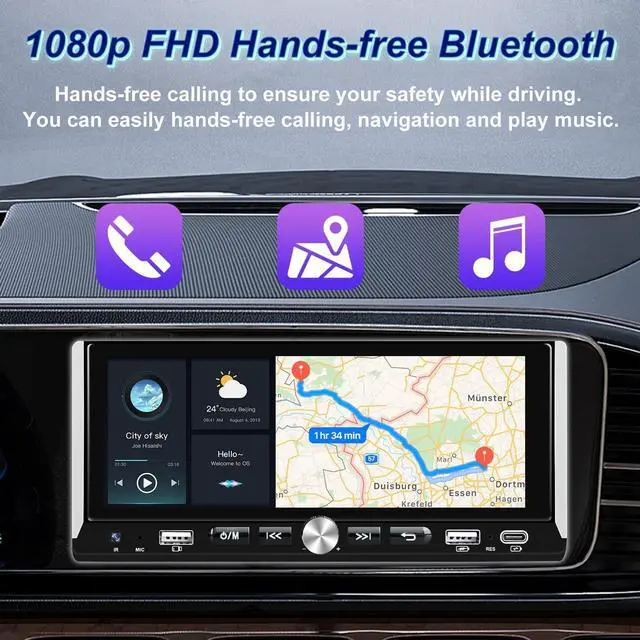Alt view image 5 of 6 - Wireless Single Din Car Stereo with  Carplay & Android Auto, 6.9 inch HD IPS Touchscreen Car Audio Receiver, Bluetooth 5.0, Mirror Link, Backup Camera, Mic, Type-C & USB Port, FM Radio