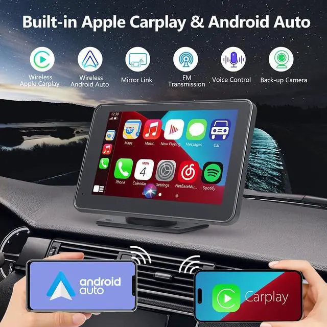 Alt view image 2 of 7 - Wireless Car Stereo with Apple CarPlay/Android Auto, Portable Touch Screen Car Radio Multimedia Player with Bluetooth, Backup Camera, Navigation, Mirror Link for All Vehicles