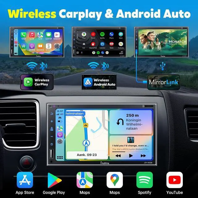 Alt view image 2 of 7 - Double Din Car Stereo with Wireless  Carplay, Android Auto, 7 Inch Full HD Capacitive Touchscreen - Bluetooth, 4-Channel RCA, High Power, Subwoofer, Backup Camera, Steering Wheel, FM/AM Car Radio