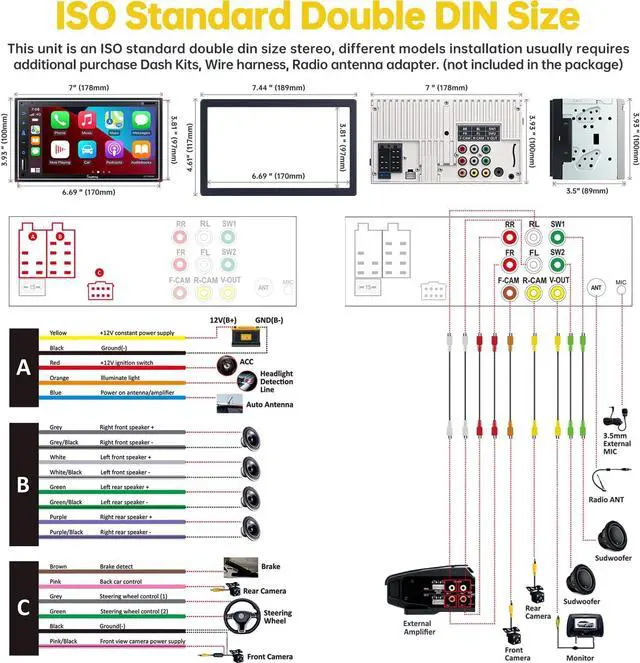 Alt view image 6 of 7 - Double Din Car Stereo with Wireless  Carplay, Android Auto, 7 Inch Full HD Capacitive Touchscreen - Bluetooth, 4-Channel RCA, High Power, Subwoofer, Backup Camera, Steering Wheel, FM/AM Car Radio