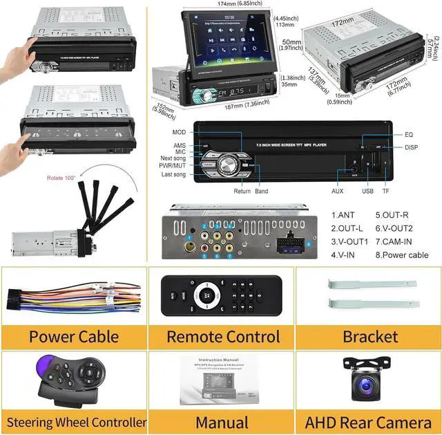 Alt view image 7 of 7 - Single Din Carplay Car Stereo with Bluetooth AHD Backup Camera, 7 Inch flip Out Touch Screen Car Radio MP5 Player Support Android Auto, Mirror Link, USB, TF, FM Radio, Aux-in, SWC