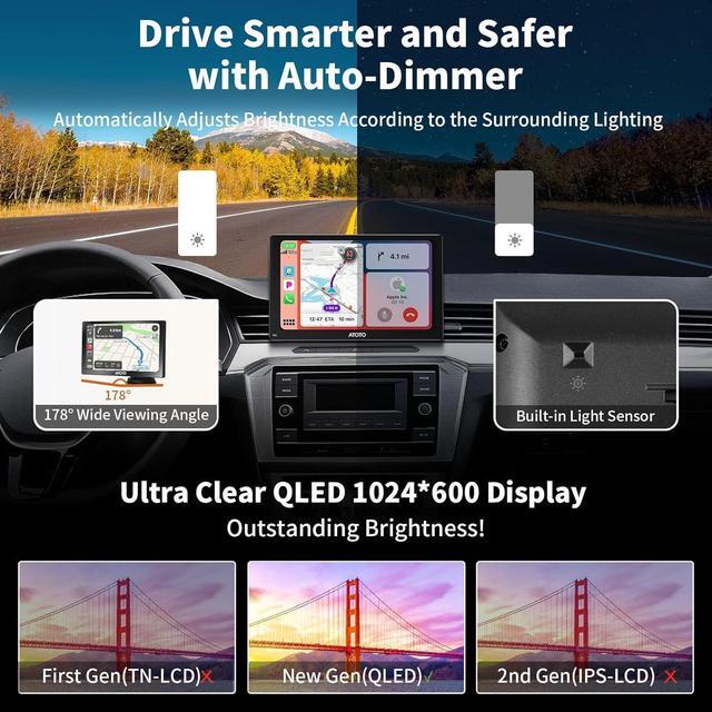 Alt view image 4 of 7 - P807PR Portable Car Stereo, Wireless CarPlay & Wireless Android Auto, 7inch QLED Glare-Suppressing Touchscreen, Car Radio with Bluetooth, WDR&Auto Dimmer, Remote Control, AUX/FM Output