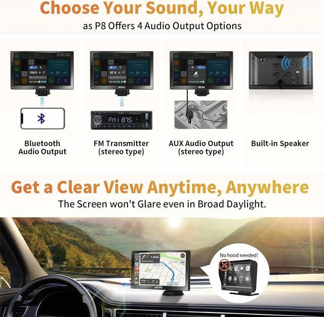 Alt view image 6 of 7 - P807PR Portable Car Stereo, Wireless CarPlay & Wireless Android Auto, 7inch QLED Glare-Suppressing Touchscreen, Car Radio with Bluetooth, WDR&Auto Dimmer, Remote Control, AUX/FM Output