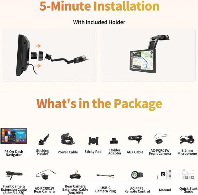 Alt view image 7 of 7 - P807PR Portable Car Stereo, Wireless CarPlay & Wireless Android Auto, 7inch QLED Glare-Suppressing Touchscreen, Car Radio with Bluetooth, WDR&Auto Dimmer, Remote Control, AUX/FM Output