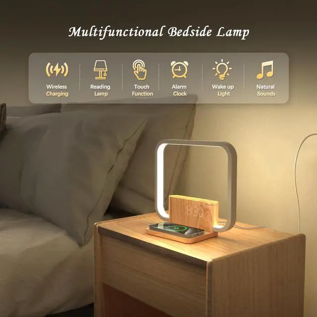 Alt view image 2 of 7 - Sunrise Alarm Clock for Heavy Sleepers with Wireless Charger, Wake Up Light, Sleep Aid with 10 Nature Sounds for Bedroom, White Noise Sound Machine for Adults, 3 Way Dimmable Touch Table Lamp