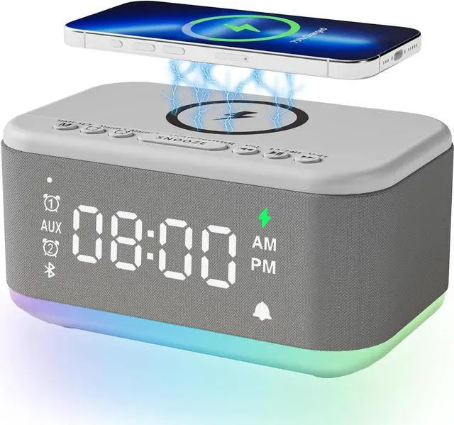 Main image of Tech Alarm Clock Speaker Wireless Charger, Digital Alarm Clocks Bedrooms Bluetooth, Alarm Clock Dimmable Light Bedrooms Dual Alarm Snooze Dimmer 12 24H RGB Night Light Bluetooth USB AUX, Gray