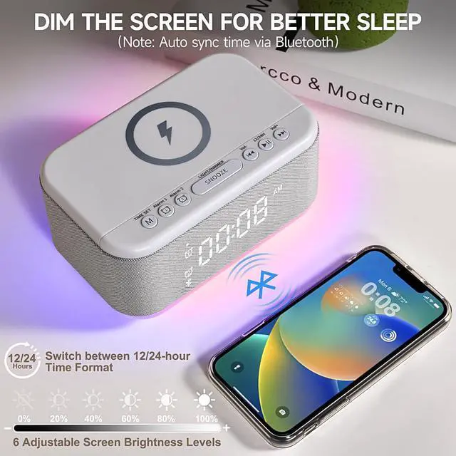 Alt view image 3 of 7 - Tech Alarm Clock Speaker Wireless Charger, Digital Alarm Clocks Bedrooms Bluetooth, Alarm Clock Dimmable Light Bedrooms Dual Alarm Snooze Dimmer 12 24H RGB Night Light Bluetooth USB AUX, Gray