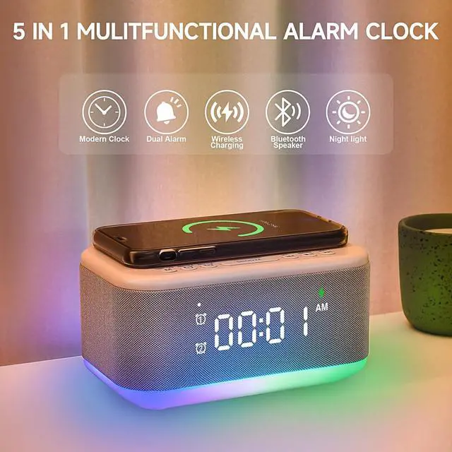 Alt view image 2 of 7 - Tech Alarm Clock Speaker Wireless Charger, Digital Alarm Clocks Bedrooms Bluetooth, Alarm Clock Dimmable Light Bedrooms Dual Alarm Snooze Dimmer 12 24H RGB Night Light Bluetooth USB AUX, Gray