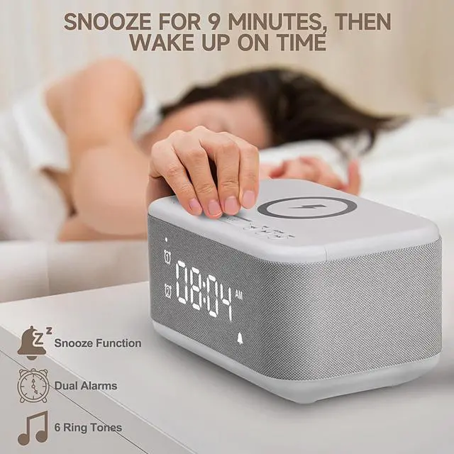 Alt view image 4 of 7 - Tech Alarm Clock Speaker Wireless Charger, Digital Alarm Clocks Bedrooms Bluetooth, Alarm Clock Dimmable Light Bedrooms Dual Alarm Snooze Dimmer 12 24H RGB Night Light Bluetooth USB AUX, Gray