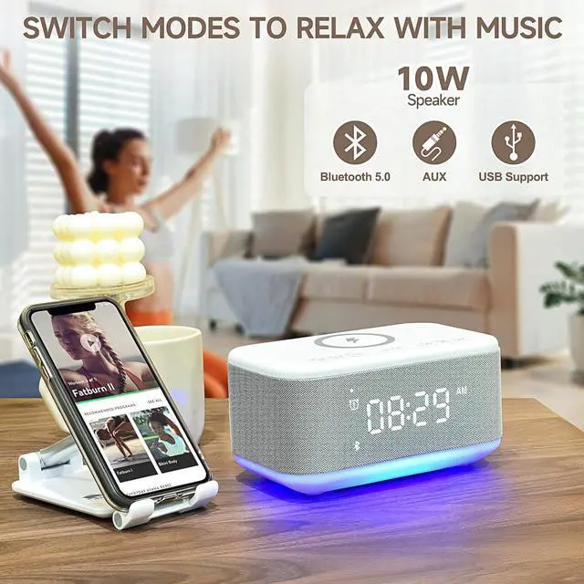 Alt view image 6 of 7 - Tech Alarm Clock Speaker Wireless Charger, Digital Alarm Clocks Bedrooms Bluetooth, Alarm Clock Dimmable Light Bedrooms Dual Alarm Snooze Dimmer 12 24H RGB Night Light Bluetooth USB AUX, Gray