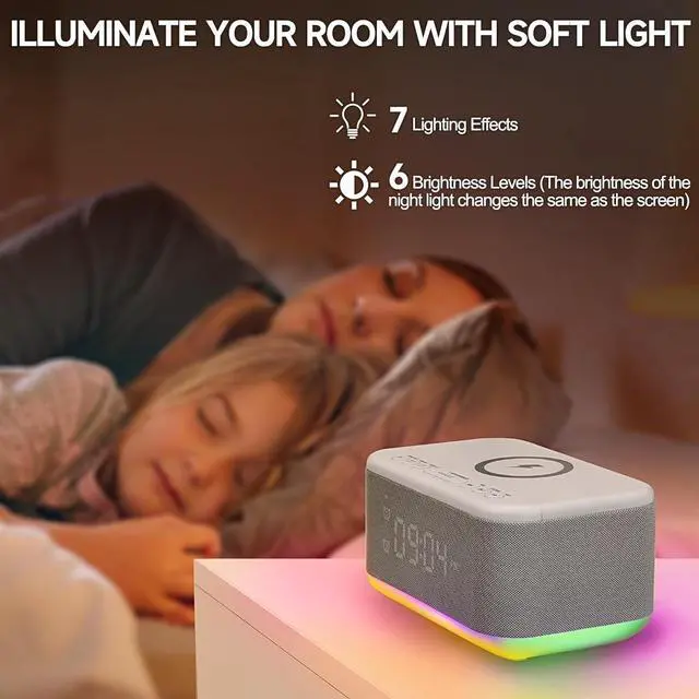 Alt view image 7 of 7 - Tech Alarm Clock Speaker Wireless Charger, Digital Alarm Clocks Bedrooms Bluetooth, Alarm Clock Dimmable Light Bedrooms Dual Alarm Snooze Dimmer 12 24H RGB Night Light Bluetooth USB AUX, Gray