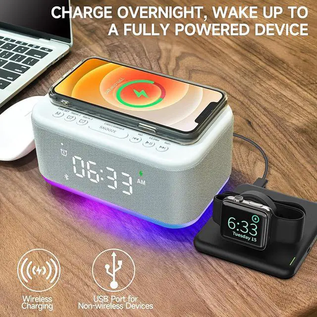 Alt view image 5 of 7 - Tech Alarm Clock Speaker Wireless Charger, Digital Alarm Clocks Bedrooms Bluetooth, Alarm Clock Dimmable Light Bedrooms Dual Alarm Snooze Dimmer 12 24H RGB Night Light Bluetooth USB AUX, Gray