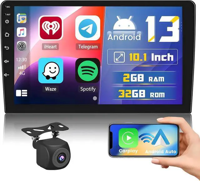 Main image of 2+32GB 10.1 Android 13 Car Stereo with Wireless Carplay Double Din Car Radio 10.1 Inch Touchscreen Indash Stereo with GPS Bluetooth FM WiFi Mirror Link SWC Backup Camera + Microphone
