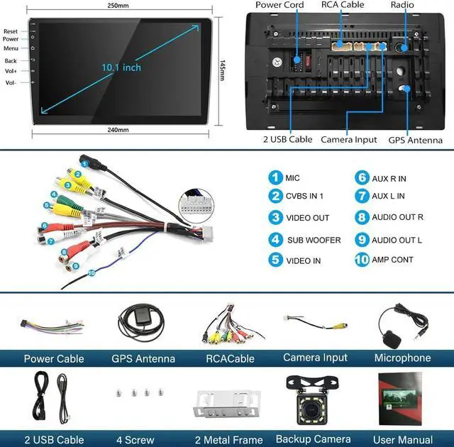 Alt view image 7 of 7 - 2+32GB 10.1 Android 13 Car Stereo with Wireless Carplay Double Din Car Radio 10.1 Inch Touchscreen Indash Stereo with GPS Bluetooth FM WiFi Mirror Link SWC Backup Camera + Microphone