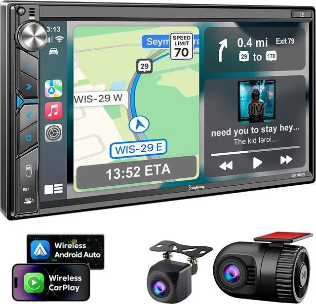 Main image of Double Din Car Stereo with Dash Cam - Voice Control Carplay, Android Auto, Steering Wheel Controls, 7" HD Touchscreen, Backup Camera, Bluetooth, Mirror Link, Subw, USB/TF/AUX, AM/FM Radio Receiver