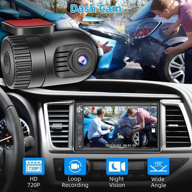 Alt view image 4 of 7 - Double Din Car Stereo with Dash Cam - Voice Control Carplay, Android Auto, Steering Wheel Controls, 7" HD Touchscreen, Backup Camera, Bluetooth, Mirror Link, Subw, USB/TF/AUX, AM/FM Radio Receiver