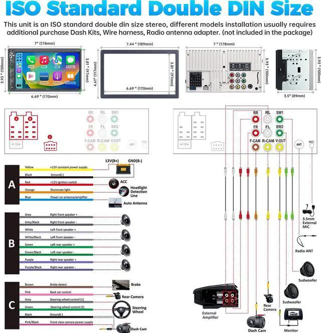 Alt view image 6 of 7 - Double Din Car Stereo with Dash Cam - Voice Control Carplay, Android Auto, Steering Wheel Controls, 7" HD Touchscreen, Backup Camera, Bluetooth, Mirror Link, Subw, USB/TF/AUX, AM/FM Radio Receiver