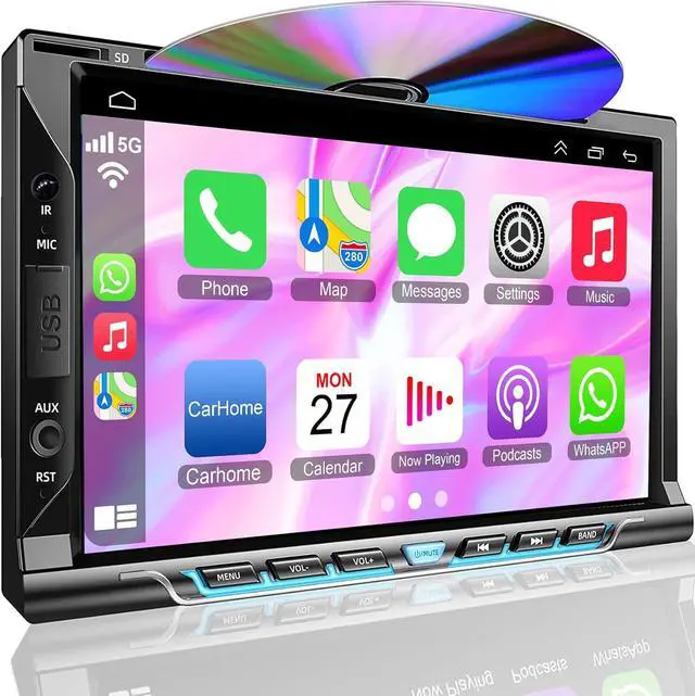 Main image of Double Din Car Stereo with CD/DVD Player,  CarPlay/Android Auto 7 Double din Radio with Backup Camera, Mirror Link, Bluetooth, AM FM Radio Receiver, SWC, Subwoofer, USB/TF/AUX