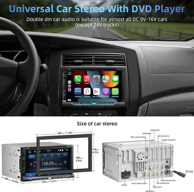 Alt view image 2 of 7 - Double Din Car Stereo with CD/DVD Player,  CarPlay/Android Auto 7 Double din Radio with Backup Camera, Mirror Link, Bluetooth, AM FM Radio Receiver, SWC, Subwoofer, USB/TF/AUX