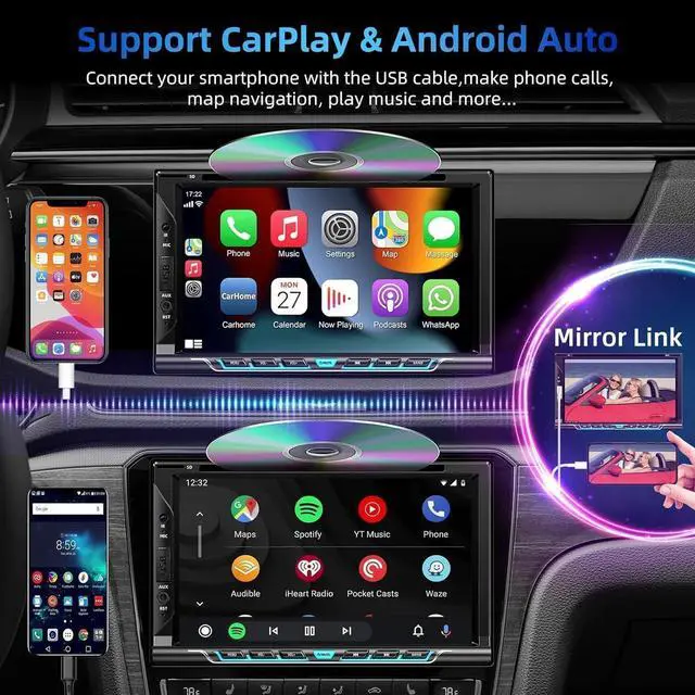 Alt view image 3 of 7 - Double Din Car Stereo with CD/DVD Player,  CarPlay/Android Auto 7 Double din Radio with Backup Camera, Mirror Link, Bluetooth, AM FM Radio Receiver, SWC, Subwoofer, USB/TF/AUX