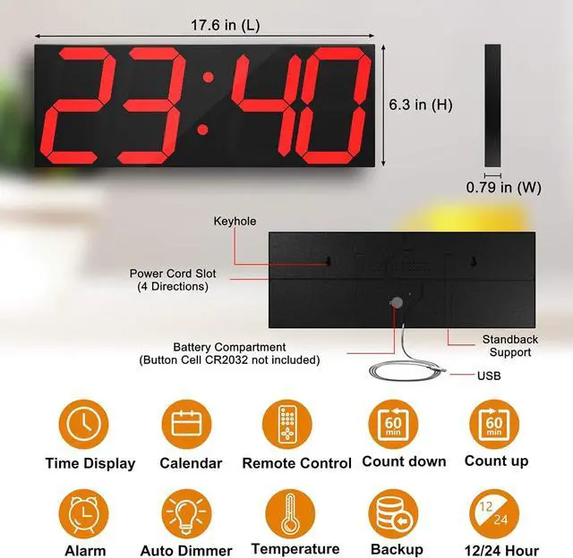 Alt view image 2 of 7 - Digital LED Wall Clock, Oversize Wall Clock with 6 Numbers, Remote Control Count up/Countdown Timer Clock, Auto Dimmer, Big Calendar and Thermometer(Red)
