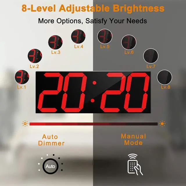 Alt view image 3 of 7 - Digital LED Wall Clock, Oversize Wall Clock with 6 Numbers, Remote Control Count up/Countdown Timer Clock, Auto Dimmer, Big Calendar and Thermometer(Red)