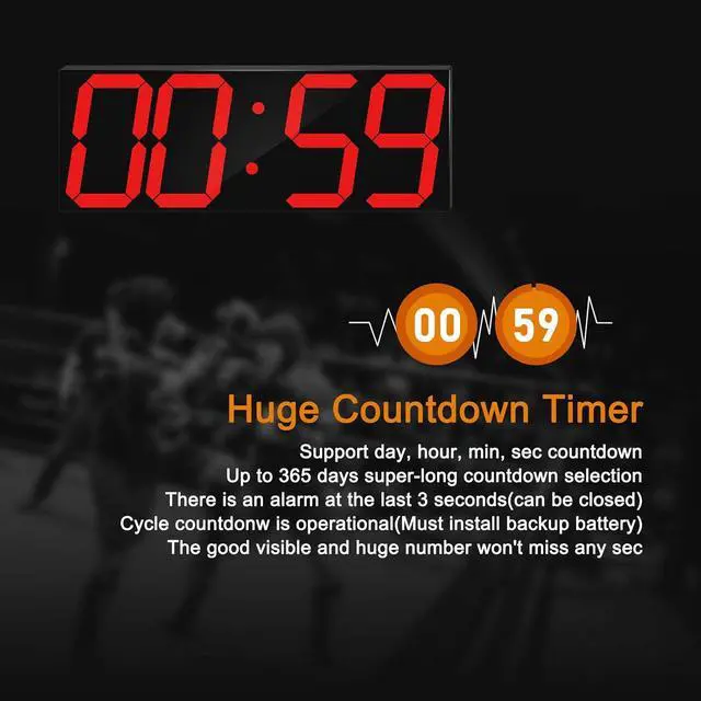 Alt view image 4 of 7 - Digital LED Wall Clock, Oversize Wall Clock with 6 Numbers, Remote Control Count up/Countdown Timer Clock, Auto Dimmer, Big Calendar and Thermometer(Red)