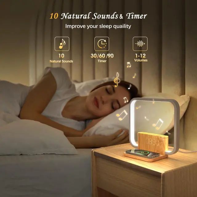 Alt view image 5 of 7 - Sunrise Alarm Clock for Heavy Sleepers with Wireless Charger, Wake Up Light, Sleep Aid with 10 Nature Sounds for Bedroom, White Noise Sound Machine for Adults, 3 Way Dimmable Touch Table Lamp
