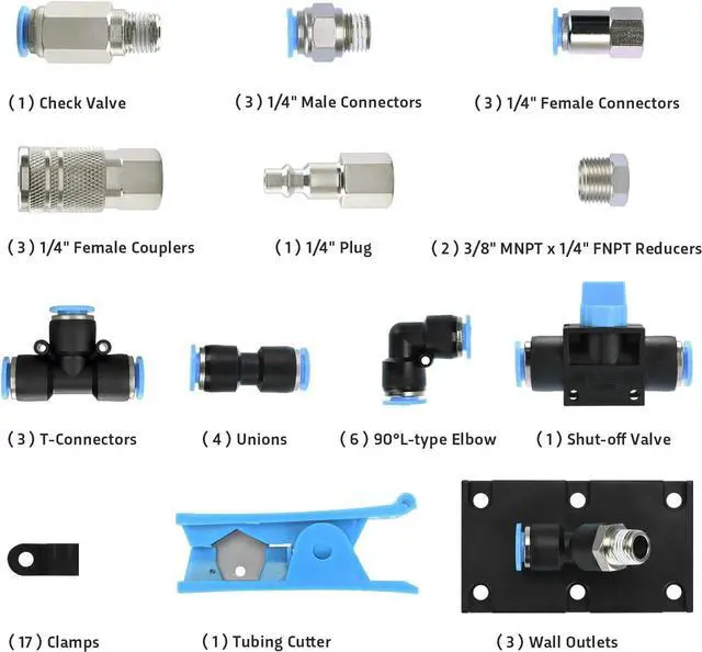 Alt view image 2 of 7 - Shop Air Line Kit, 3/8 Inch (9.5MM) OD × 60 Feet Nylon Compressed Air Pipe, 200PSI, Cutter, Tees, Mounting clips, Connectors, 49PCS Garage Air Compressor Accessories Master Kit