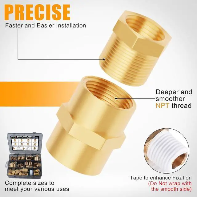 Alt view image 4 of 6 - 92PCS Brass Pipe Fittings Assortment Kit NPT Adapter,Hex Nipple,Reducer Bushing,Hex Coupling,90 Degree & 45 Degree Barstock Street Elbow,Street Tee,Bulk Head Fittings Kits