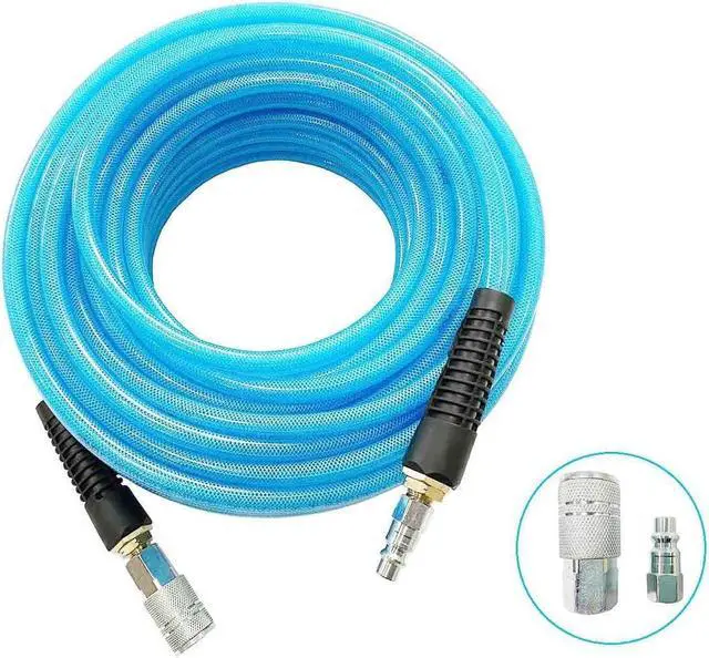 Main image of Polyurethane(PU) Reinforced 3/8ID x 100ft, Air Hose, Non-kinking with 3/8 Reassembled Industrial High Flow Quick Coupler and Plug, Bend Restrictor, Transparent Blue(100)