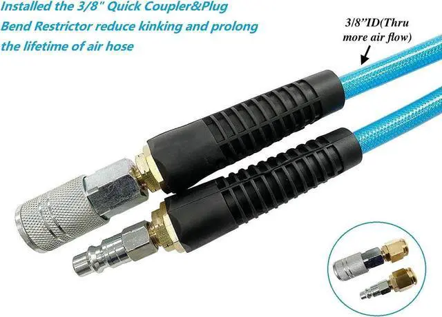 Alt view image 2 of 6 - Polyurethane(PU) Reinforced 3/8ID x 100ft, Air Hose, Non-kinking with 3/8 Reassembled Industrial High Flow Quick Coupler and Plug, Bend Restrictor, Transparent Blue(100)