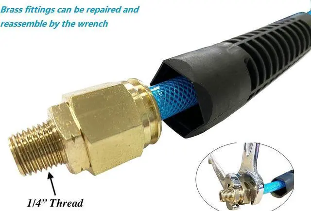 Alt view image 3 of 6 - Polyurethane(PU) Reinforced 3/8ID x 100ft, Air Hose, Non-kinking with 3/8 Reassembled Industrial High Flow Quick Coupler and Plug, Bend Restrictor, Transparent Blue(100)