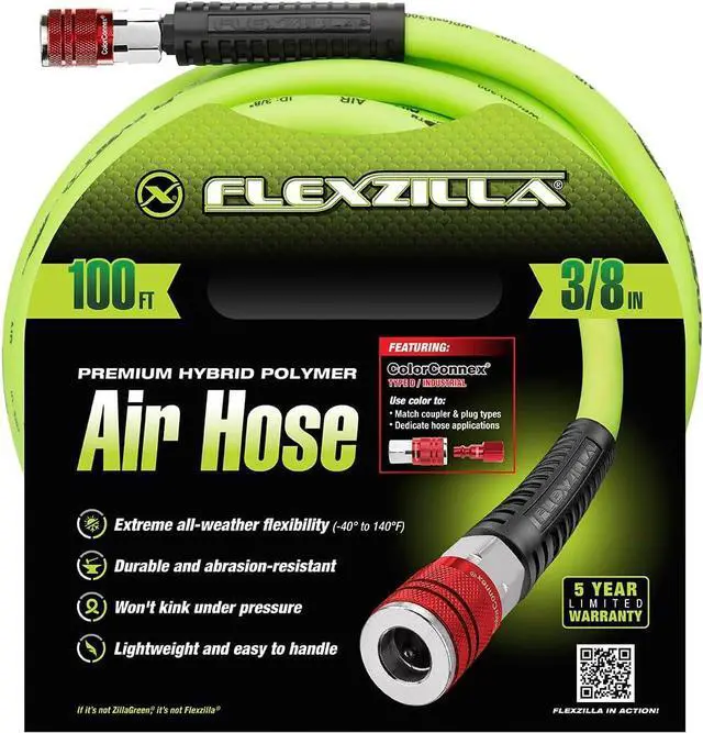Alt view image 2 of 7 - Air Hose with ColorConnex Industrial Type D Coupler and Plug, 3/8 in. x 100 ft., Heavy Duty, Lightweight, Hybrid, ZillaGreen - HFZ38100YW2-D