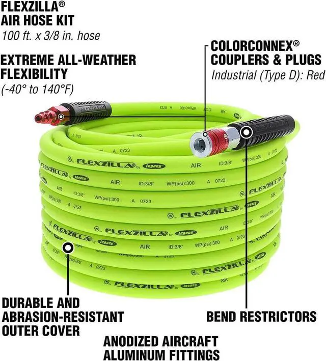 Alt view image 3 of 7 - Air Hose with ColorConnex Industrial Type D Coupler and Plug, 3/8 in. x 100 ft., Heavy Duty, Lightweight, Hybrid, ZillaGreen - HFZ38100YW2-D