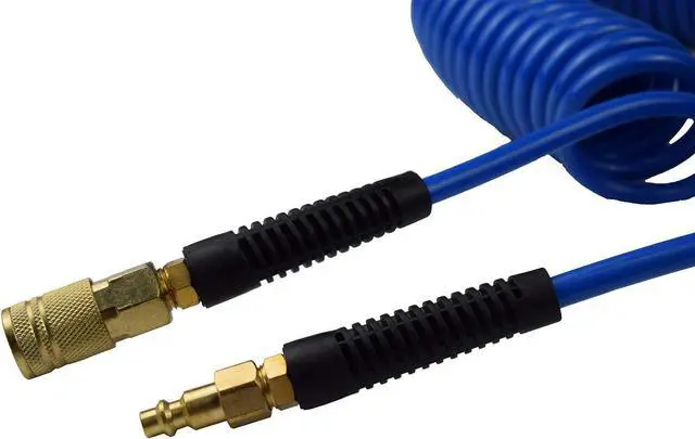 Alt view image 3 of 6 - Polyurethane Recoil Air Hose 1/4" Inner Diameter by 25' Long with Bend Restrictor, 1/4" Industrial Quick Coupler and Plug, Blue. 5pcs Packed