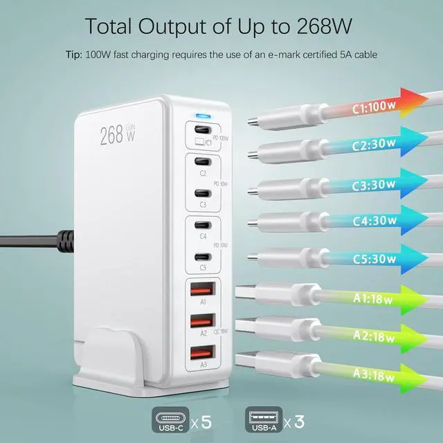 Alt view image 4 of 7 - 268W USB C Travel-Friendly Charger, 8-Port Desktop GaN III Charger, Multi Port Fast Charging Station, PD100W Laptop Charger, Compatible with MacBookPro  XPS  Surface iPad iPhone Galaxy Android