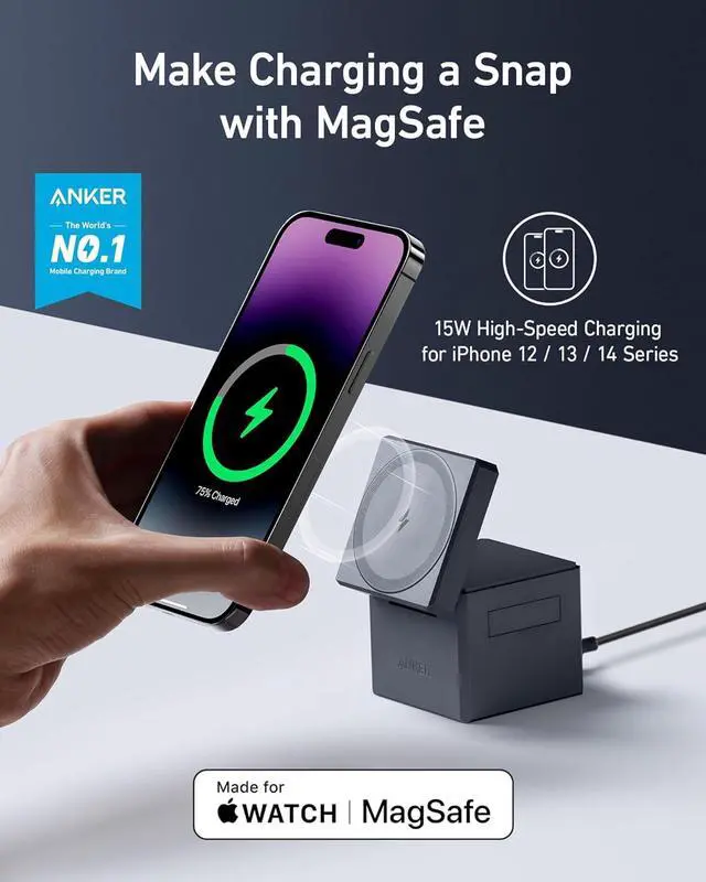 Alt view image 2 of 7 - MagSafe Charger Stand,Anker 3-in-1 Cube with MagSafe, 15W Max Fast Charging Stand, Foldable Wireless Charger for iPhone 15/14/13,  Watch S1-8/Ultra, AirPods (30W USB-C Charger Included)
