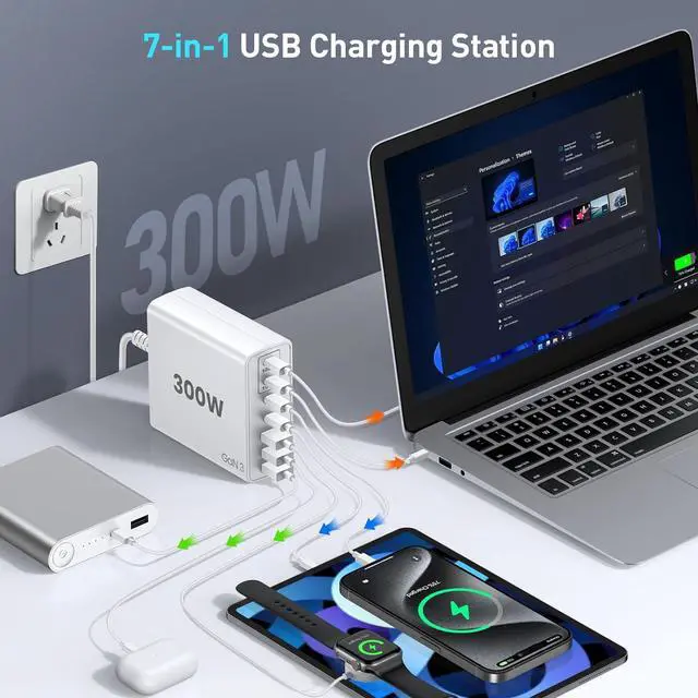 Alt view image 2 of 7 - USB C Fast Charger Block 300W: 7 Port USB Charging Station Hub Brick - Dual PPS PD 100W Laptop Wall Charger Power Adapter for MacBook Pro   Surface iPad iPhone  Galaxy Android - White