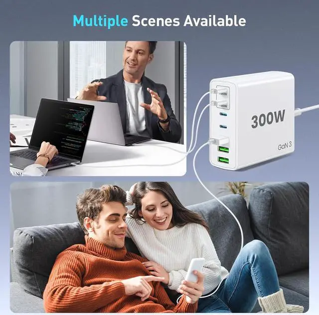 Alt view image 7 of 7 - USB C Fast Charger Block 300W: 7 Port USB Charging Station Hub Brick - Dual PPS PD 100W Laptop Wall Charger Power Adapter for MacBook Pro   Surface iPad iPhone  Galaxy Android - White