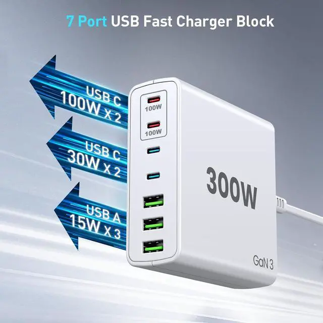 Alt view image 3 of 7 - USB C Fast Charger Block 300W: 7 Port USB Charging Station Hub Brick - Dual PPS PD 100W Laptop Wall Charger Power Adapter for MacBook Pro   Surface iPad iPhone  Galaxy Android - White