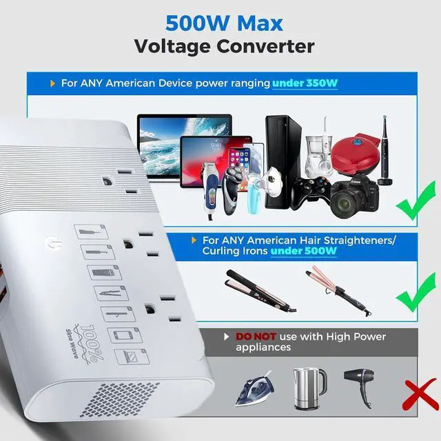 Alt view image 4 of 7 - [Game-Changer] DOACE 500W Max 220V to 110V Converter, 50Hz to 60Hz Voltage Converter for European Travel, 100% Pure Sine Wave Power Converter US to Europe for CPAP Hair Straightener Laptop Cell Phone