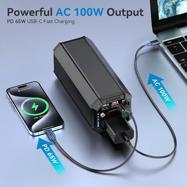 Alt view image 2 of 7 - Portable Power Bank with AC Outlet 100W Portable Laptop Charger 98Wh/27000mAh High Capacity with 65W PD USB C Laptop Battery Bank Backup Power Source for Business Travel and Outdoor Activities