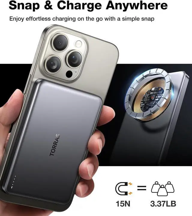 Alt view image 4 of 7 - MiniMag Power Bank Ultra-Slim 10 000mAh Magnetic Wireless Portable Charger 22.5W Fast Charging Battery Pack with USB-C Cable Designed for iPhone 16 Pro Max/16 Pro/16/15/14/13/12 Glacier Gray
